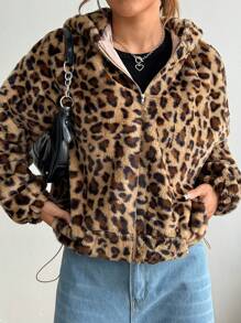 SHEIN Unity Women's Autumn/Winter Fashion Leopard Print Fleece Hoodie - Khaki - View 3