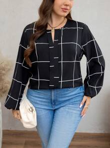 SHEIN LUNE 秋季假日大码休闲格子灯笼袖衬衫 - 黑與白 - 查看 4