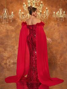 Glamrae Plus Size Red Luxury Sequins Embroidery Turkey Feather Large Shawl Halloween Prom Elegant Formal Evening Dress (Natural Turkey Feather Shoulder) For Wedding Guest, Graduation, Dinner, Party Dress,Gown