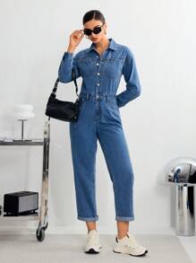 SHEIN Essnce 女士纯色前扣口袋长袖牛仔连身裤