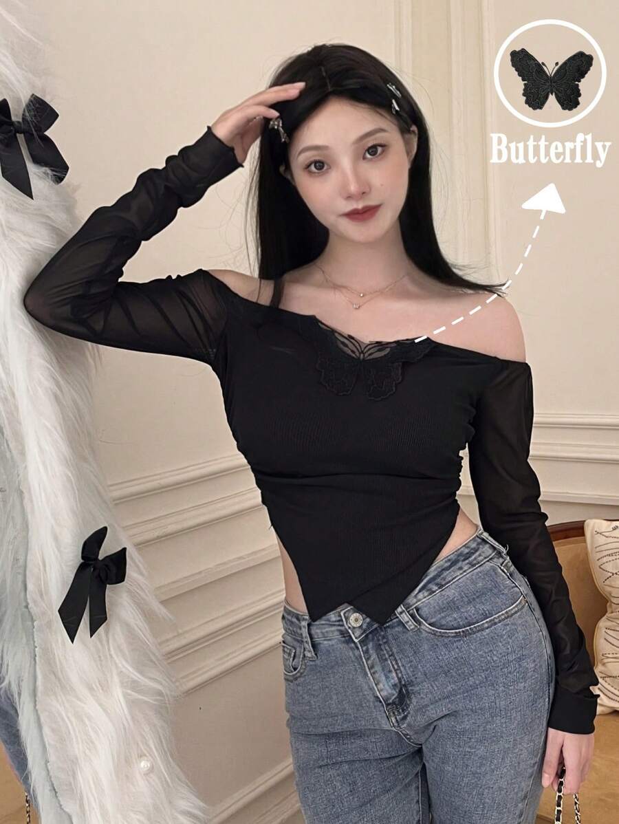 SHEIN LUNE 极简主义露肩蝴蝶贴花不对称下摆 T 恤，适合通勤 - 黑色 - 查看 1