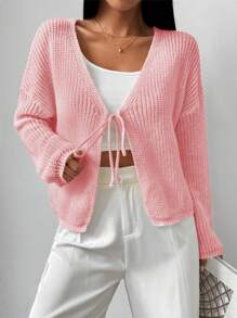 SHEIN Unity Women's Loose Tie Front Sheer Cardigan - Pink - View 6