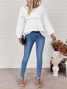 Chiquease Áo sơ mi tay đèn lồng cổ tròn màu trắng giản dị, thiết kế tối giản, trang phục hàng ngày, mùa thu - trắng - Xem 5