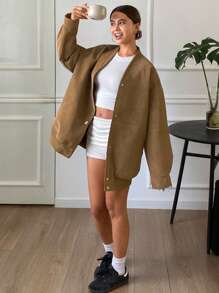 DAZY 女士纯色宽松长袖口袋棒球夹克，秋季女装