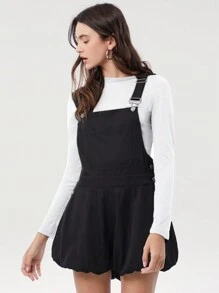 SHEIN EZwear 女式秋冬牛仔效果黑色花朵宽松休闲短款连体裤 - 黑色 - 查看 1