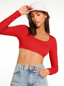 SHEIN BASICS 女式纯色圆领长袖短款休闲 T 恤，新年 - 紅色 - 查看 3