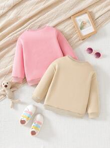 SHEIN Young Girls Solid Color Cartoon Letter Print Crew Neck Loose Fit Thermal Lined Sweatshirt, Autumn Winter