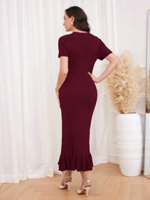 Modelyn Burgundy Red Women's Solid V-Neck Short Sleeve Single-Breasted Maxi Elegant Knitted Sweater Dress - Burgundy - View 2