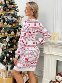 SHEIN Maternity Christmas Round Neck Drop Shoulder Bodycon Long Sleeve Dress, Bodycon Dress, Autumn