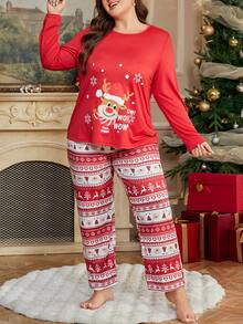 Plus Size Cartoon Christmas Elements Printed Pajama Set, Fall & Winter Clothes - Red - View 3