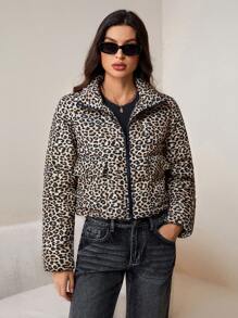SHEIN Tall Women's Leopard Print Cropped Down& Feathers Jacket - Brown - View 3