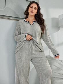 Conjunto de pijama informal y acogedor con textura esponjosa, asimétrico, de punto acanalado, cuello con muesca, parches y adornos florales, para otoño e invierno, tallas grandes - Albaricoque - Ver 3