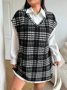 SHEIN EZwear Plus Size Loose Long Plaid Print Tank Top + Shirt Dress 2pcs Set