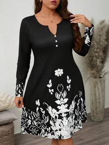 SHEIN LUNE Vestido de manga larga ajustado con cuello con muesca y estampado de plantas en blanco y negro, tallas grandes, para mujeres - Blanco y Negro - Ver 3