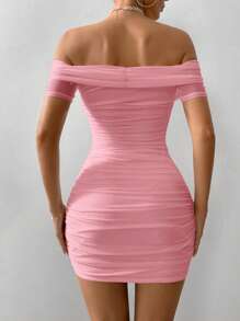 Firerie Women's White Open Shoulder Short Sleeve Bubble Faux Pearl Fitted Dress,Pastel Dresses For Women - Pink - View 2