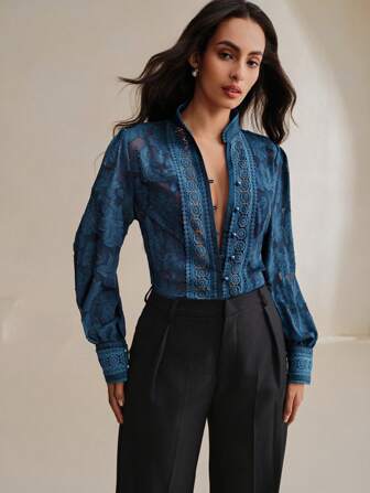 Anewsta Bluză cu guler jacquard din material elegant, mozaic, cămașă pentru femei, topuri cu mânecă lungă