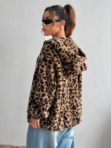 SHEIN Unity Women's Autumn/Winter Fashion Leopard Print Fleece Hoodie - Khaki - View 2