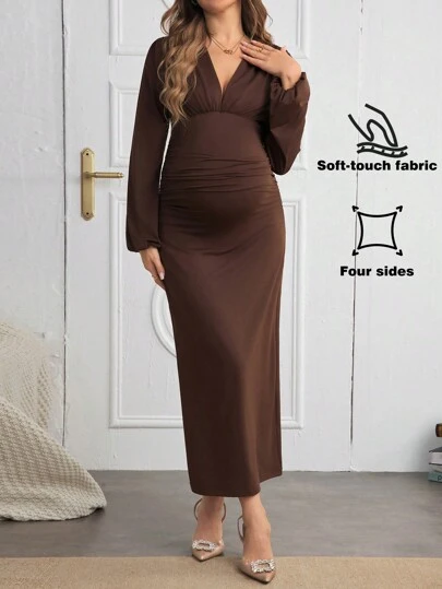 SHEIN Gravid Baby Shower Damklänning med ärmar Enfärgad V-ringad veckad klänning