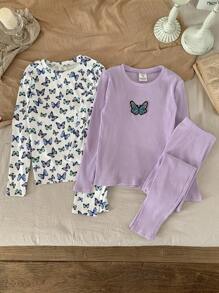 SHEIN Conjunto de 4 peças de camiseta e calças compridas casuais para meninas pré-adolescentes, ajuste confortável, estampa de borboleta, gola redonda, manga comprida, roupa de dormir, outono inverno