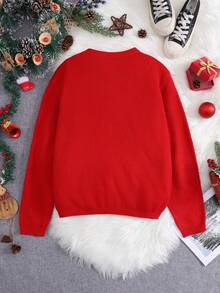 SHEIN 少女可爱驯鹿图案保暖长袖毛衣，圣诞节，秋冬季 - 紅色 - 查看 2