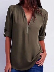 女士夏季前拉链卷边短袖休闲衬衫