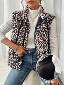 SHEIN Frenchy French Women's Leopard Print Sleeveless Quilted Puffy Warm Coat,Women's Leopard Print Sleeveless Quilted Padded Coat,Fall Women Clothes,Leopard Costume,Winter Clothes,Winter Clothes,