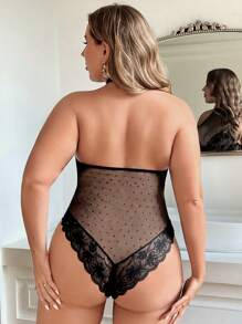 1 件大码蕾丝撞色网眼性感连体内衣 - 黑色 - 查看 2