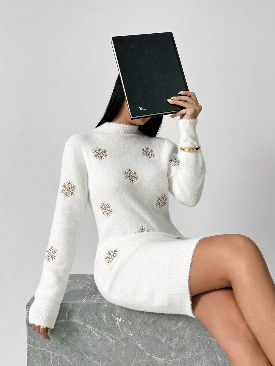 Chiquease 女士秋冬高领紧身雪花图案长袖连衣裙 - 白色 - 查看 1