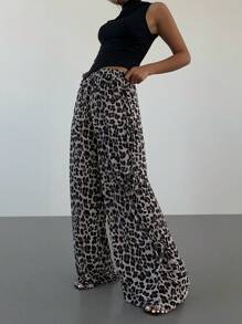 Aloruh Women's Autumn Winter New Casual Fashionable Hight Waist Leopard Print Side Slit Tie-Bow Pants Leopard Pants - Multicolor - View 5