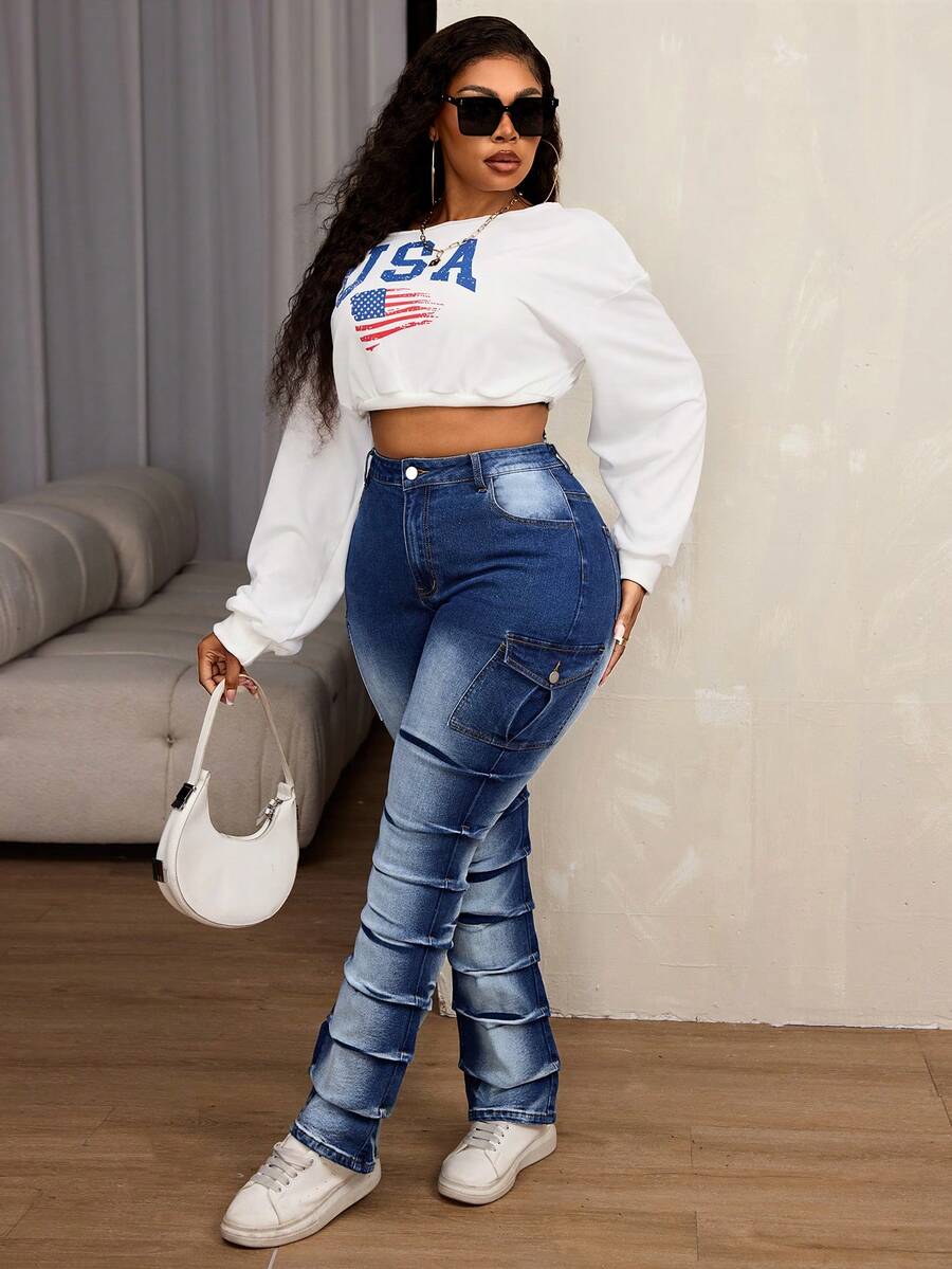 SHEIN SXY Plus Size Denim Elastic Cargo Pleated Flared Pants SHEIN