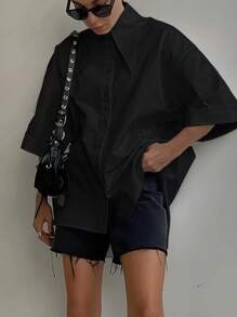 Women's Fashion Spring Summer Autumn Solid Button Up Shirt - 黑色 - 查看 1