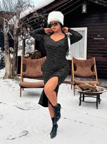 Flirla Plus Size Sparkly Split Hem Bodycon Dress, Autumn/Winter Fashion - Black - View 3