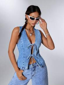 SHEIN EZwear Women's Casual Stylish Front Tie Denim Vest, Summer