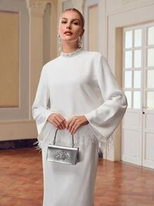 ZEYLAH 仿珍珠立领喇叭袖蓬松下摆上衣 - 白色 - 查看 3