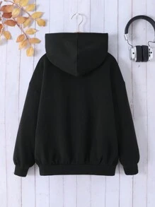 Tween Girls Oversized Casual Minimalist Comfy Hooded Raglan Fleece Jacket,In Fall/Winter - Black - View 2