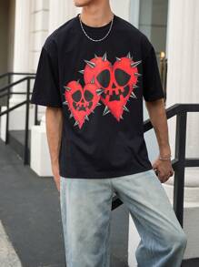Manfinity VCAY Men's Loose Fit Heart Print Round Neck Short Sleeve T-Shirt, Suitable For Summer, For Halloween - Black - View 2