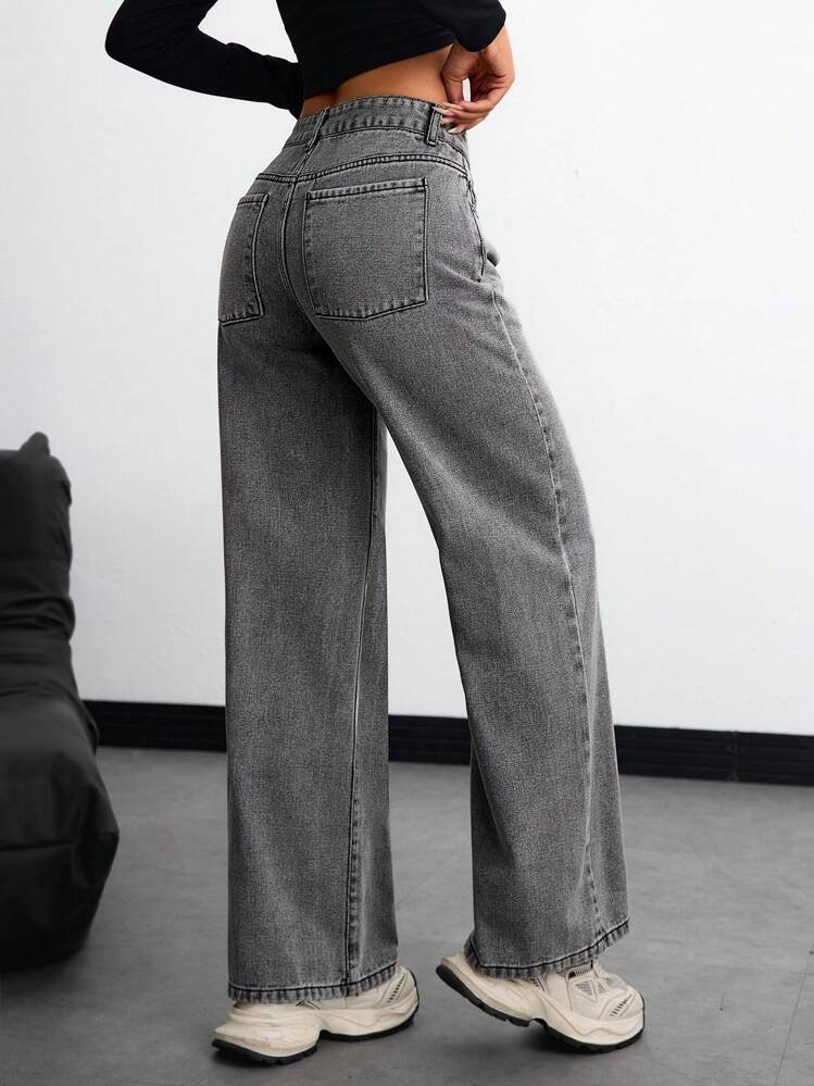 SHEIN ICON Women's Casual All Seasons Denim Wide Leg Pants With Side Pockets - Grey - View 2