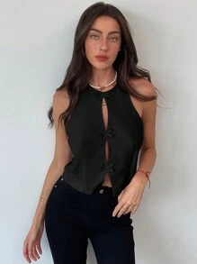 Aloruh 蝴蝶结前收腰合身优雅吊带背心 - 黑色 - 查看 6