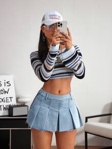 SHEIN EZwear 女士时尚性感流苏褶皱牛仔迷你裙，夏季 - 藍色 - 查看 3