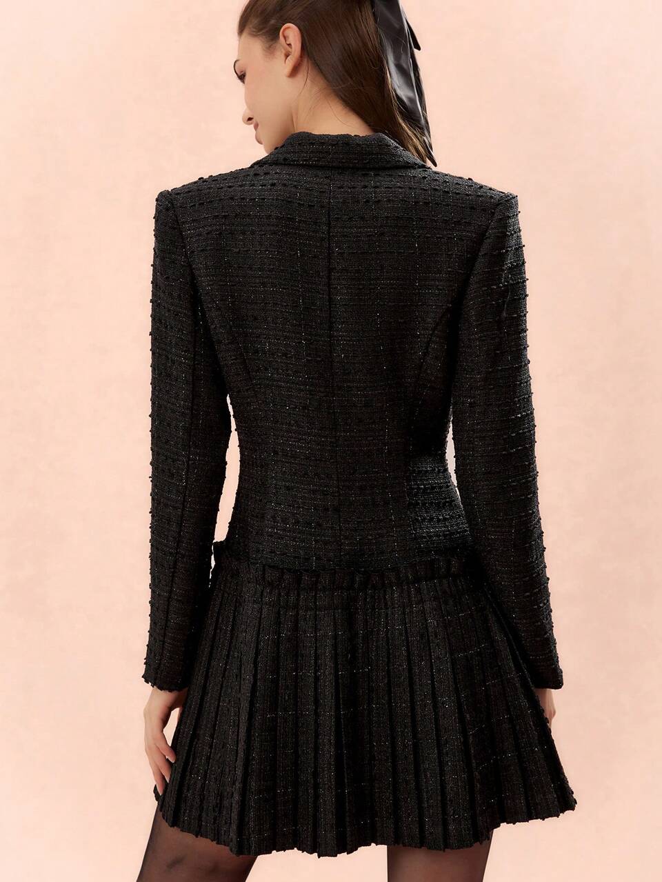 Autumn/Winter Romantic Women's Black Retro Vintage Lapel Double Breasted Pleated Hem Tweed Blazer Jacket,Fall Women Dresses