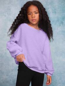 SHEIN Tween Girls' Loose Fit Textured Crew Neck Long Sleeve Sweatshirt,In Fall/Winter - Mauve Purple - View 5