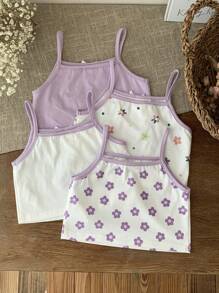 SHEIN Conjunto de 4 piezas de top corto de camisola acanalado con estampado floral y de letras para niña joven, con tirantes ajustables, en tonos morados