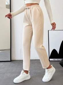 EURMUSE Casual Solid Color Drawstring Waist Tapered Pants For Autumn