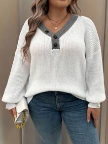 SHEIN LUNE Plus Size Color Block Collar Sweater For Casual Wear, Autumn/Winter Knit Pullover Fall - Multicolor - View 5