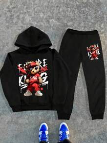 Teenage Boys Hooded Sweatshirt Set Graffiti Bear Street Style Comfortable Graphic Print Hoodie - Black - View 1