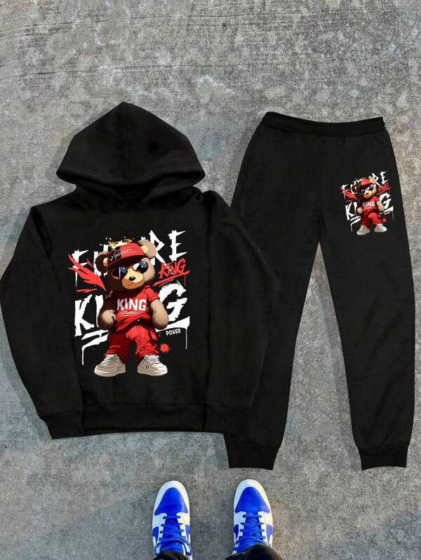 Teenage Boys Hooded Sweatshirt Set Graffiti Bear Street Style Comfortable Graphic Print Hoodie