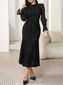 Modelyn Fitted Mermaid Hem Mesh Splice Long Sleeve Midi Dress For Women Maxi Women Outfit Long Evening Dresses