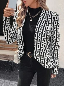 SHEIN Clasi 1 pieza Chaqueta para mujer con cintura ceñida, patrón geométrico, cuello asimétrico y bajo asimétrico - Blanco y Negro - Ver 3