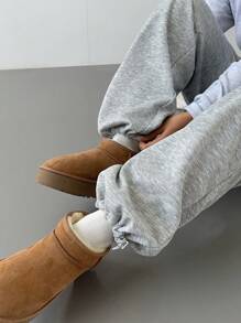 SHEIN BASICS Pantaloni della tuta in maglia in colore unito con vita alta, allentati, con coulisse e fodera termica, per donna - Grigio Chiaro - Visualizzare 4