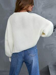 EURMUSE Casual Drop Shoulder Balloon Sleeve V Neck 3 Dimension Floral Pattern Detailed Cardigan - White - View 2